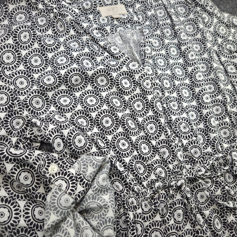 LOFT Petite Shirt Dress Women SP Black White Rayon Floral Geometric Pockets Mini